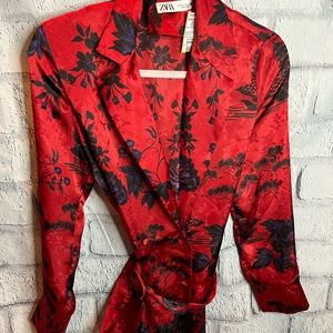 ZARA Red and Black Print Belted Blouse